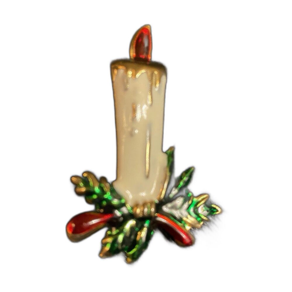 Vintage 1960s Red Green & White Enamel Gold Tone Candlestick Christmas Brooch